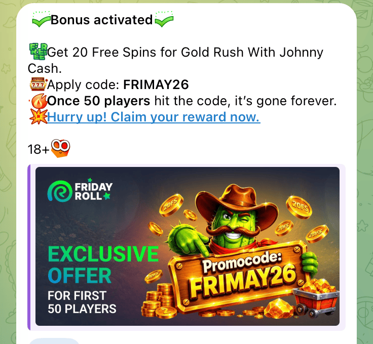 Friday Roll Social-Media-Post: Promocode FRIMAY26 f&uuml;r 20 Freispiele auf Gold Rush With Johnny Cash, limitiert auf die ersten 50 Spieler
